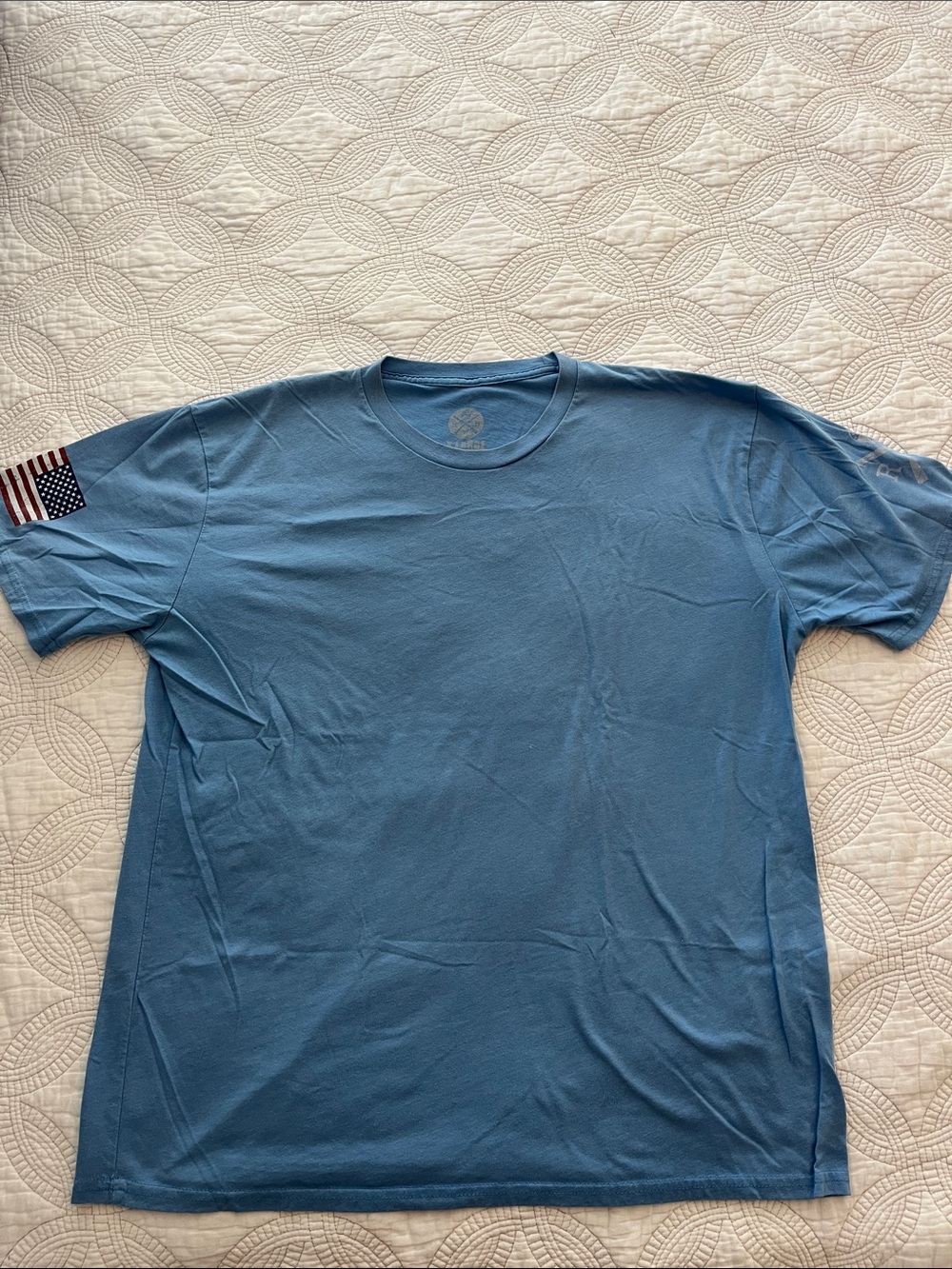 Men's Light Blue Short-Sleeve T-Shirt with American Flag on sleeve
